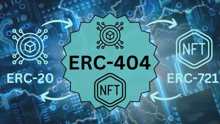 Illustration of ERC-404 standard bridging ERC-20 and ERC-721 tokens, enhancing digital asset versatility.