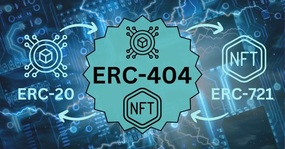 Illustration of ERC-404 standard bridging ERC-20 and ERC-721 tokens, enhancing digital asset versatility.