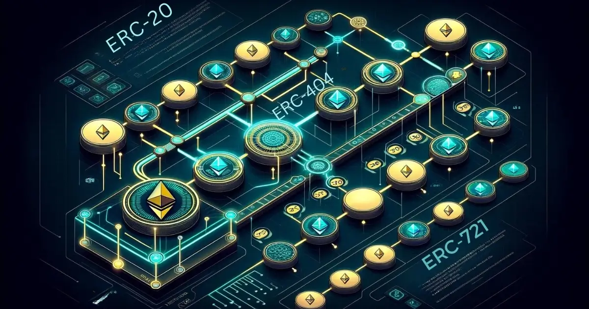 ERC-404 as the central node in a network connecting ERC-20 and ERC-721 tokens, symbolizing interoperability.